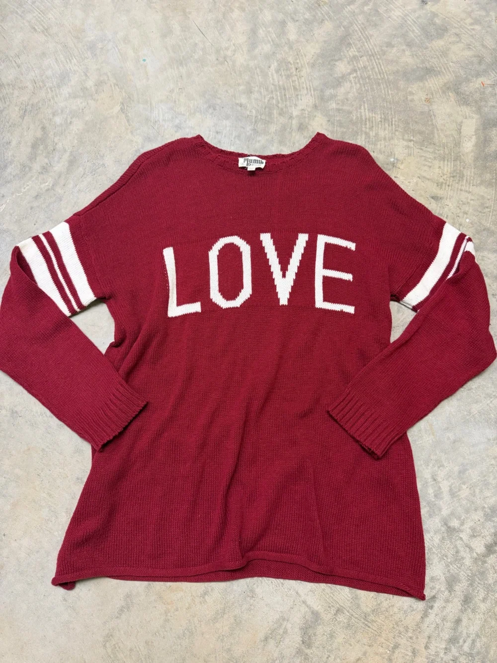 Show Me Your MuMu Burgundy 'LOVE' Crewneck Sweater with White Stripes